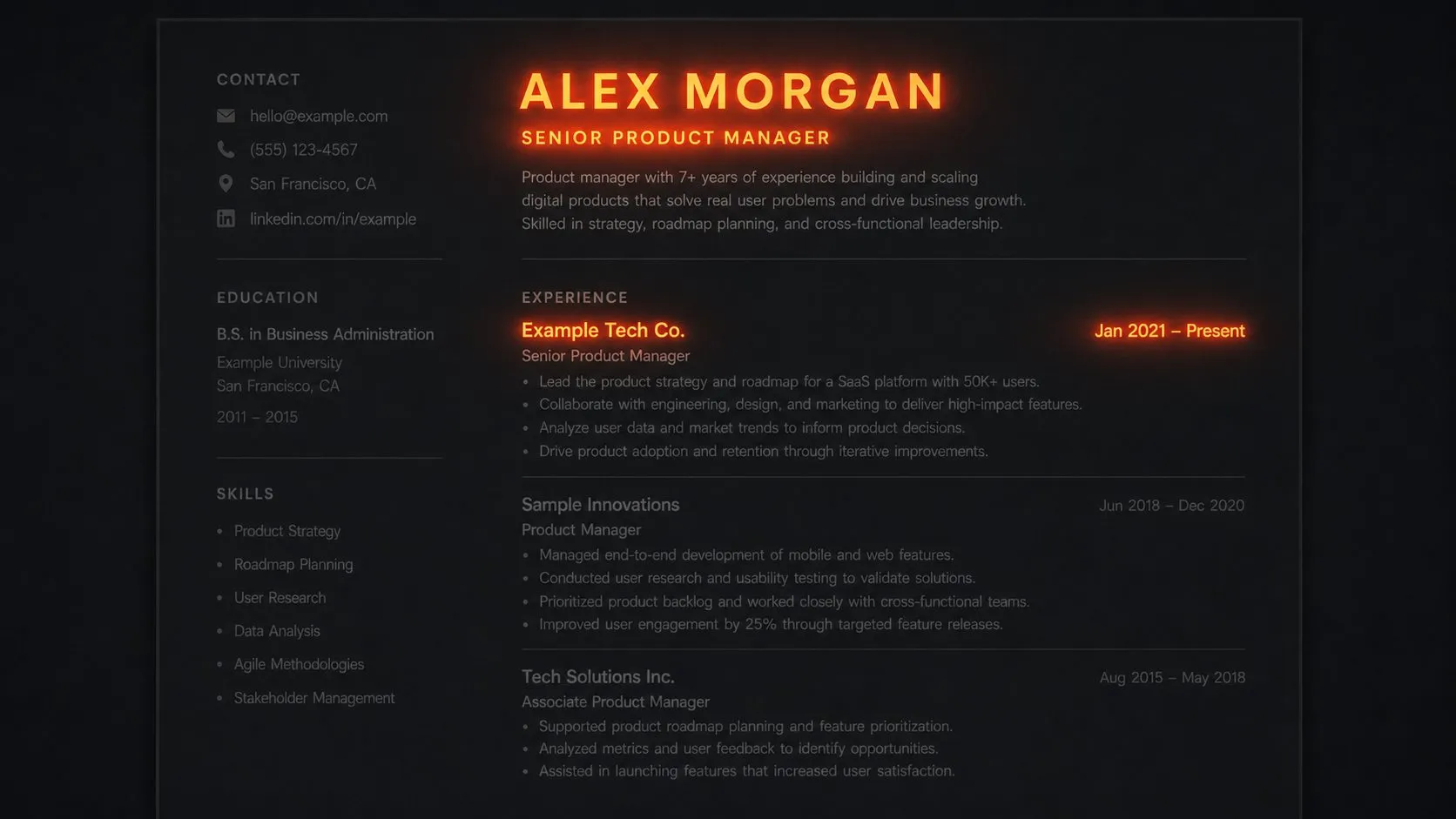 Resume heatmap showing where a recruiter's eyes land in 6 seconds — name, job title, company name, and dates glow in orange while the rest is dimmed